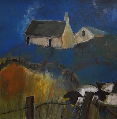 Margaret Worster, contemporary oil on board, Sheep before cottages, unsigned, 60 x 58cm. Condition - good